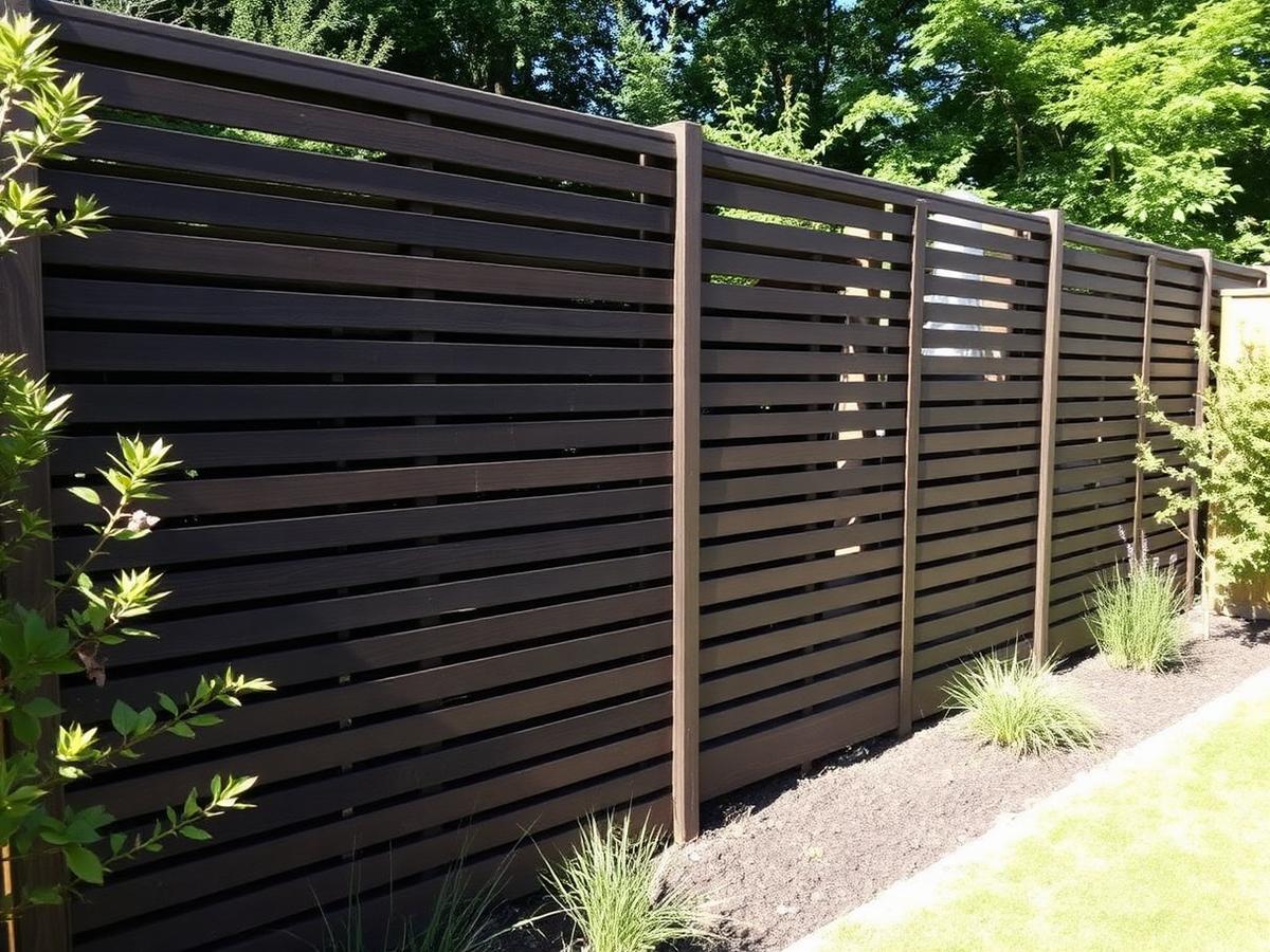 Contemporary dark-stained horizontal slatted fence screen