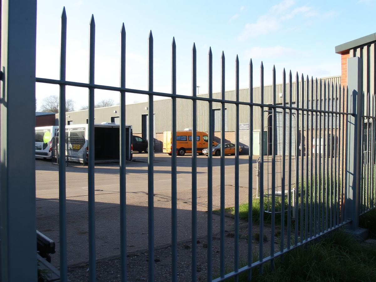 Metal palisade security fencing around a commercial yard