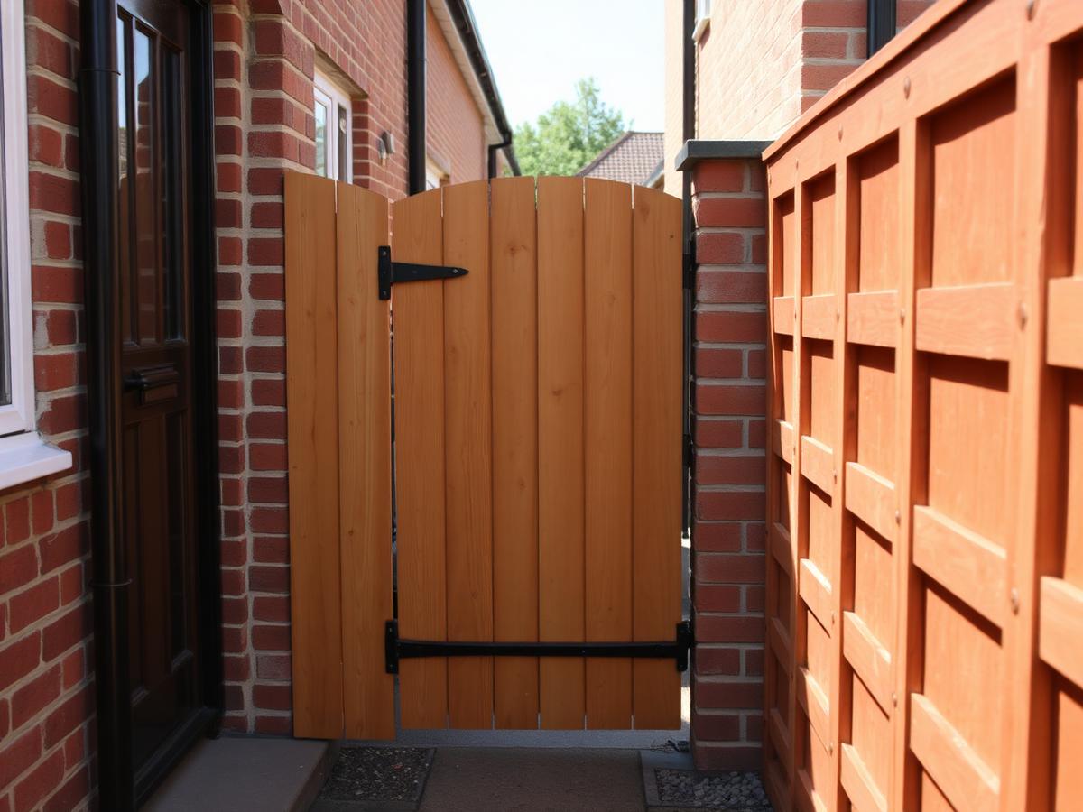 Wooden side gate fitted between a house wall and fence panel