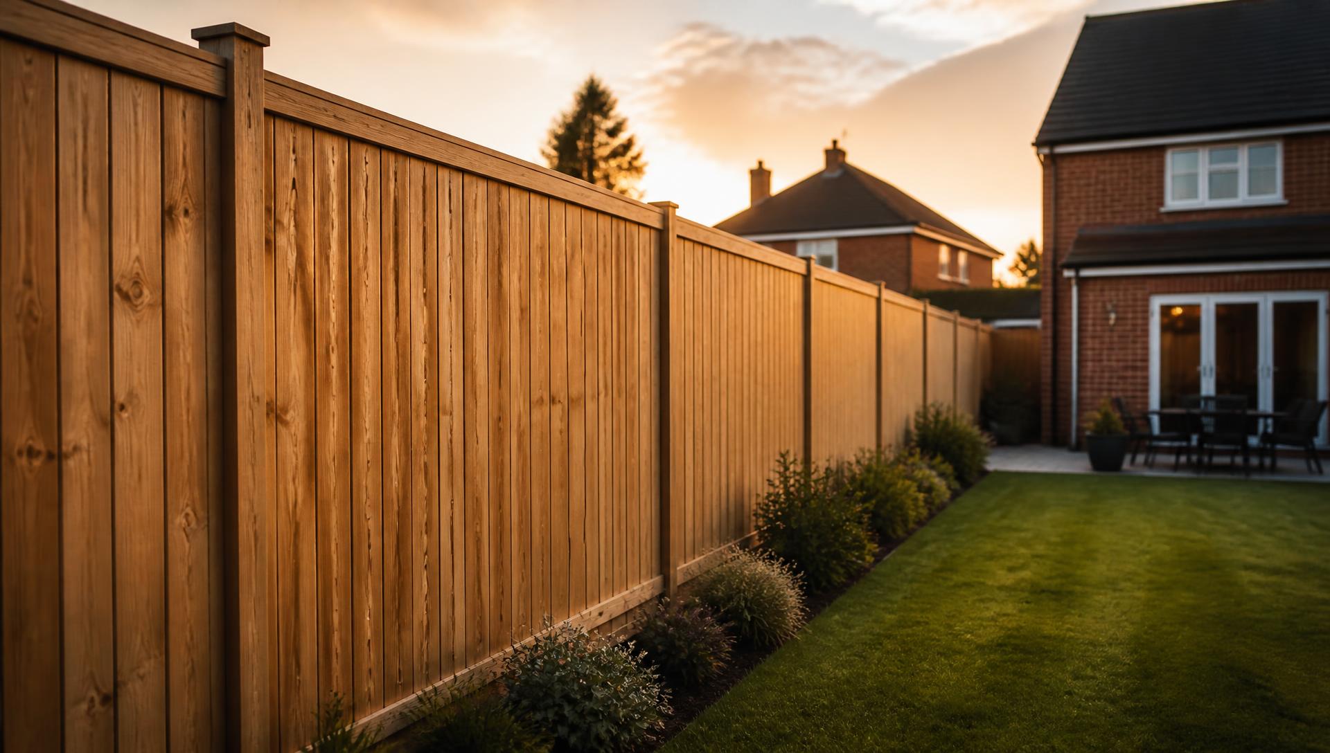 Newly installed timber fence running along a landscaped back garden at golden hour