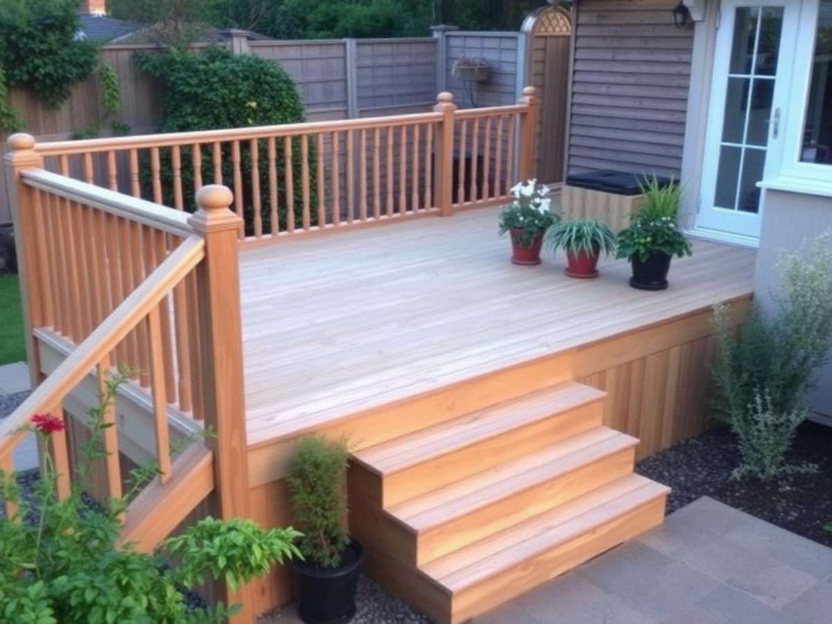 Timber garden decking with balustrade and steps in an English garden