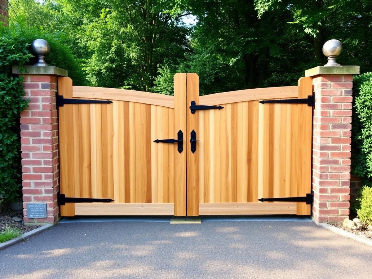 Handmade wooden double driveway gates hung between brick pillars