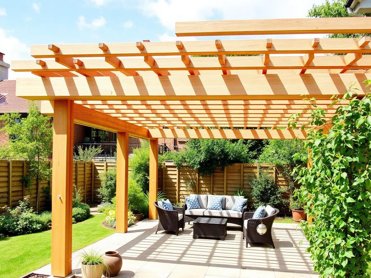 Modern timber pergola over a patio seating area